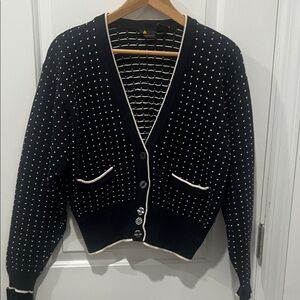 Vintage 100% Cotton Navy & Cream Women's Cropped Cardigan Sweater, Size Medium